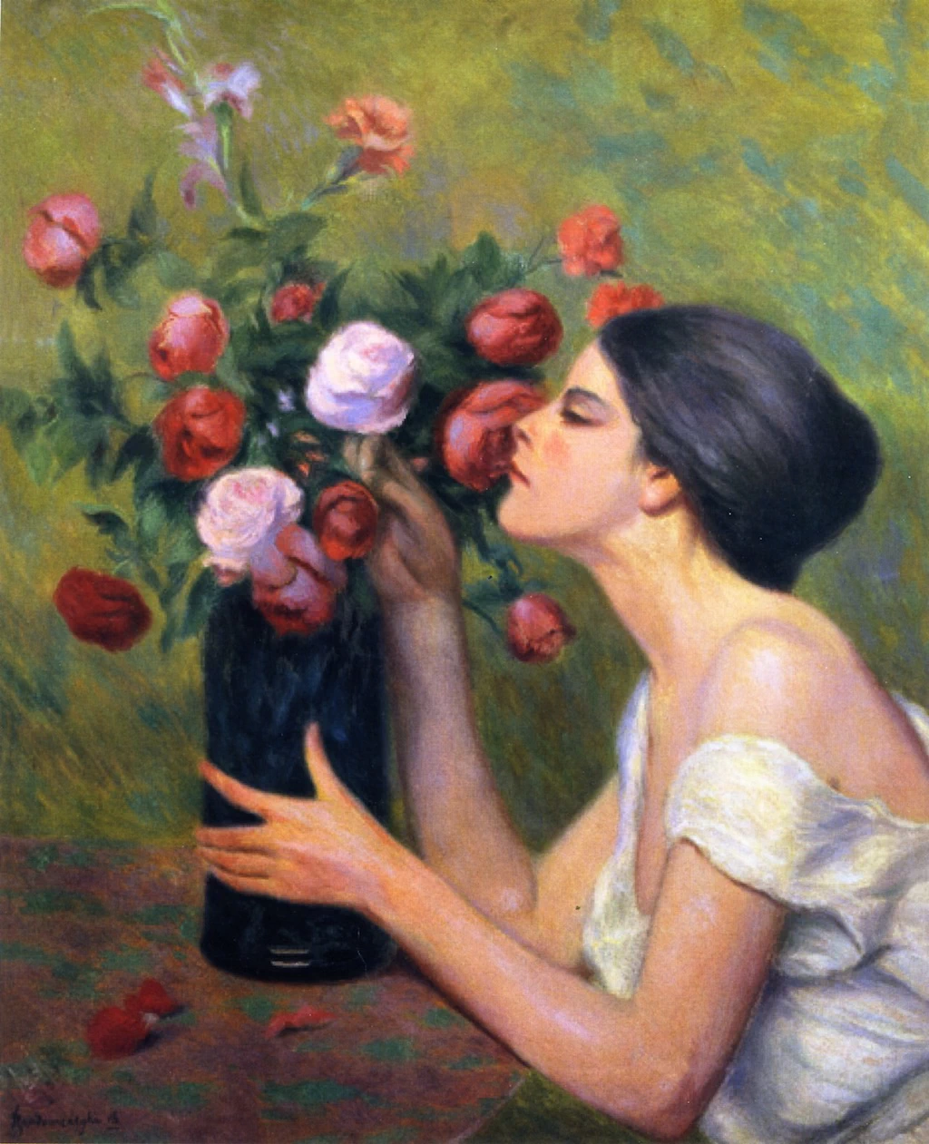 Donna con bouquet di rose